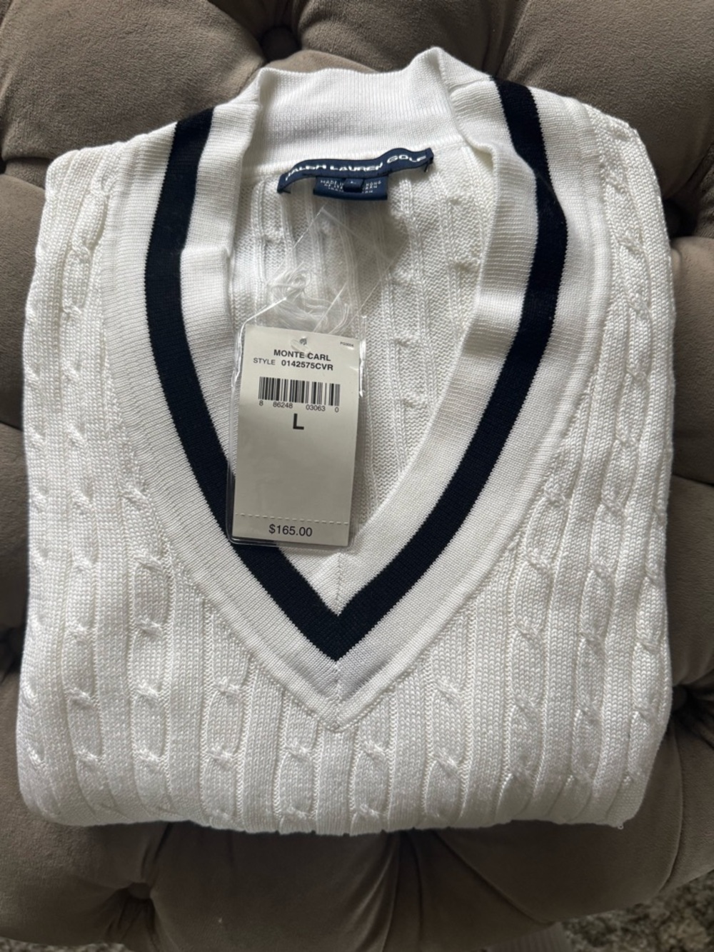 NWT Ralph Lauren Women’s Golf Monte Carl Cable-knit V-neck sweater Black Trim